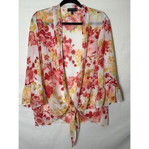 Slinky Brand Women's Plus Size BOHO Floral Duster Front Tie Ruffle Sleeve SZ 1X